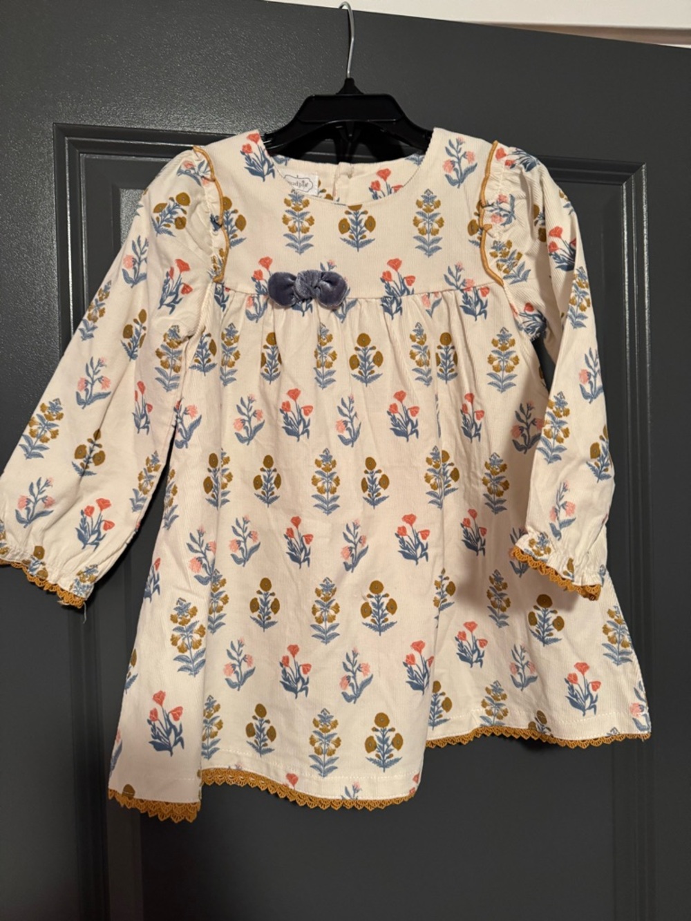 Mud Pie Cream Floral Long-Sleeve Top with Blue and Mustard Accents